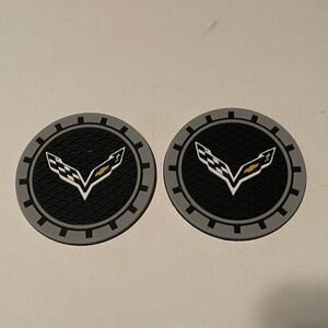 Corvette car cup Coasters in black and gray with logo Set of 2 NWT